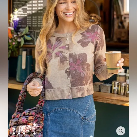 NATURAL LIFE Floral Button-Front Cardigan Sweater in Beige, Pink, Green, Gold - Picture 3 of 11